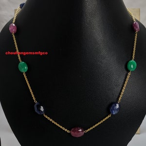 AAA+ Natural Multi Gemstone Necklace,Blue Sapphire,Ruby,Emerald Chain Necklace,925 Sterling Silver 22 Carat Gold Plated Necklace,10-12mm,16&quot;