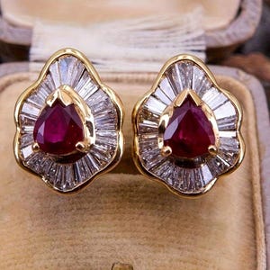 Lab Grown Ruby Shield Shape Earrings, 925 Sterling Silver Moissanite Diamond Anniversary Jewelry Gifts