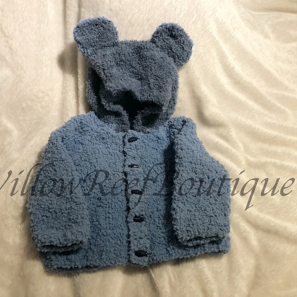 Hand Knitted Blue Hooded Bear Ears Soft Fleece Jacket - Age 1 - 2 years. Gift - Christmas - Winter - Unisex