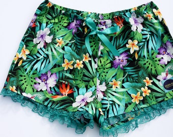 Tropical Shorts, Women's Shorts, Palm Leaves, Monstera, Hibiscus, Floral Shorts, Pajama Shorts, Lace, Summer Shorts, Home, Sleep Shorts