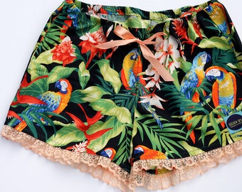 Tropical Shorts, Women's Shorts, Palm Leaves, Monstera, Hibiscus, Floral Shorts, Pajama Shorts, Lace, Summer Shorts, Home, Sleep Shorts
