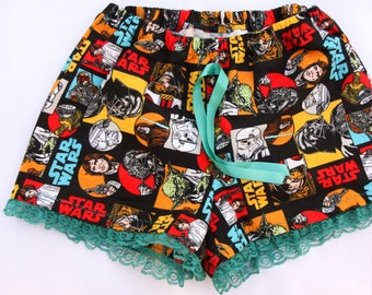 Star Wars, Soft Cotton Flannel Shorts, FW 20/21, Sleep Shorts, Lounge Wear, Home Wear, Women Flanel Shorts with Lace Ruffles