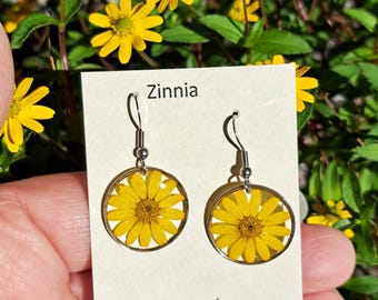 Pressed Zinnia Flower Earrings