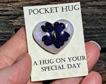 Pocket Hug - Purple Verbena Flowers. Pressed flower hearts. Everyday gifts