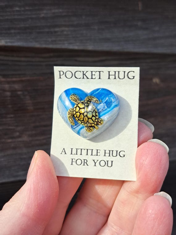 Pocket hug with gold turtle, love heart, remembrance gift, anxiety aid, memorial gift,  made in Maine USA
