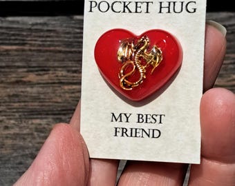 Pocket Hug - Red Dragon charm. Gold dragon gift. Heart to hold