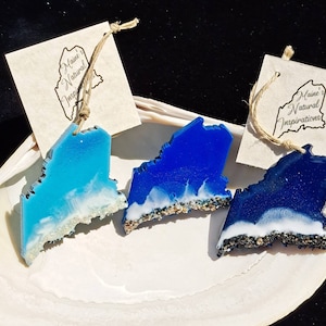 Maine beach ornaments, vacation gift,Maine gifts, Ocean art, Beach decor, Maine shape,  Maine magnet, Made in Maine USA. Stocking stuffers
