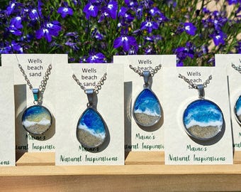 Wells Maine Beach Sand Necklace, Resin Wave Pendant, Stainless Steel