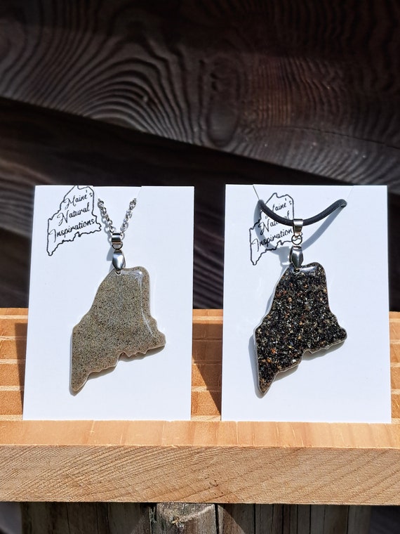 Maine Beach Sand Necklace, Maine Shaped Pendant, Ocean Gift