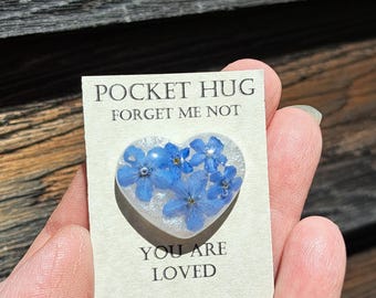 Forget Me Not - Pocket Hug, Memorial Gift, Sympathy gift. Made in Maine USA. Pressed flower heart