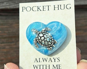 Pocket Hug. Silver turtle gift. Thinking of you. Colorful resin heart