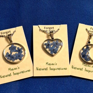 Forget me nots. Pressed flower necklace. Blue forget me not necklace. Heart shape,  moon pendant. Made in Maine USA