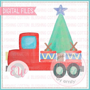 Op de afbeelding: Waterverfillustratie van een rode vrachtwagen met een groene kerstboom met een blauwe ster. Twee drums met drumstokken staan in de laadbak. De woorden "DIGITAL FILES" staan linksboven.