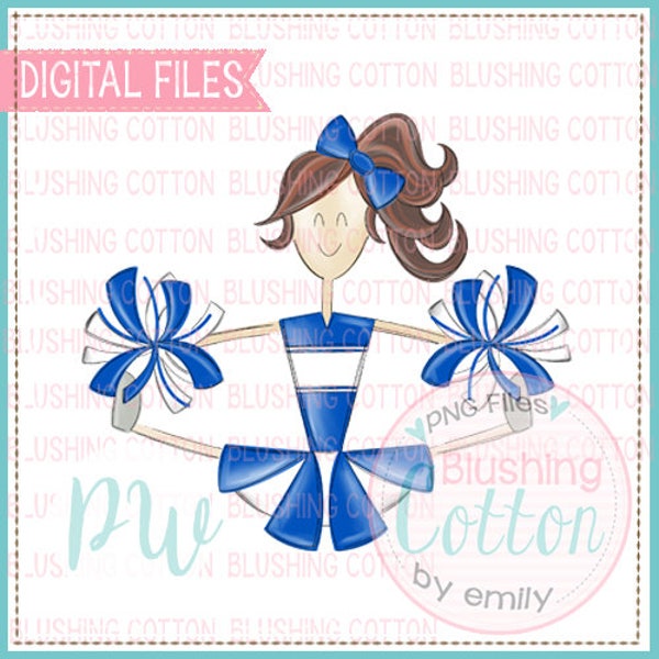 Cheerleader Brunette Blue and White Uniform PNG Watercolor Artwork Digital File - for printing and other crafts