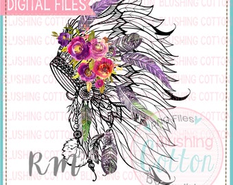 BOHO Head Dress Purple Florals Design Watercolor PNG Artwork Digital File - for printing and other crafts