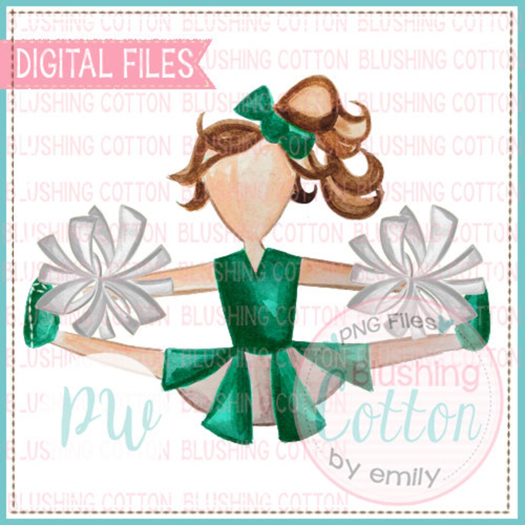 Cheerleader Green and White Pom Poms Watercolor PNG Artwork Digital