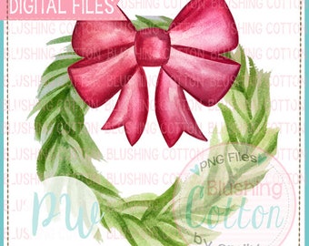 Wreath  With Red Bow Design Watercolor PNG Artwork Digital File - for printing and other crafts