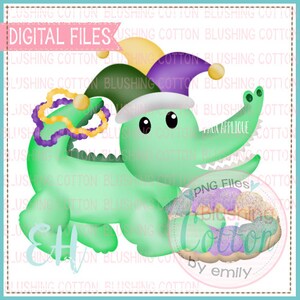 Könnte beinhalten: Ein Cartoon-Alligator in Grüntönen, der einen Narrenhut trägt und einen bunten Donut hält. Das Bild enthält den Text "DIGITAL FILES" und "PNG Files". Der Alligator ist mit einer lila-goldenen Halskette geschmückt.