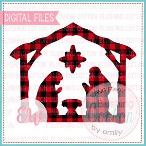 Puede incluir: Archivo digital con una silueta de un pesebre. El diseño está relleno con un patrón de cuadros de búfalo rojo y negro. El texto "DIGITAL FILES" está en la parte superior.