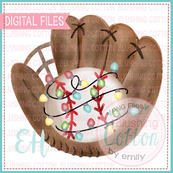 Baseball Glove and Ball with Christmas Lights Watercolor Design PNG Artwork Digital File - for printing and other crafts