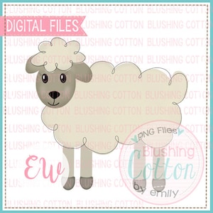 May include: A digital file featuring a cartoon sheep illustration. The sheep is light beige with a gray face, ears, and legs. The image includes the text "DIGITAL FILES", "Ewe", and "Blushing Cotton by emily".