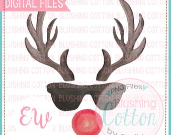 Antlers 2 with Red Nose Sun Glasses Watercolor PNG Artwork Digital File - for printing and other crafts