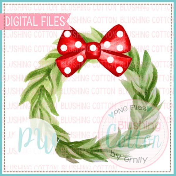 Wreath  With Red Polka Dot Bow Design Watercolor PNG Artwork Digital File - for printing and other crafts