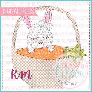 Puede incluir: Un archivo digital con un diseño temático de Pascua. La imagen muestra un conejito asomándose de una cesta que sostiene una zanahoria. El conejito tiene orejas rosas y un lazo. La cesta y la zanahoria tienen detalles estampados. El texto incluye "DIGITAL FILES".