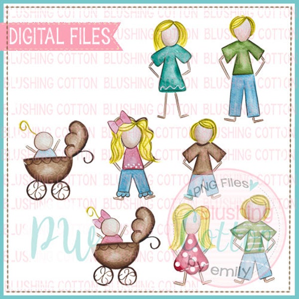 Stick Figure Blonde Hair Family Watercolor PNG Artwork Digital File - for printing and other crafts