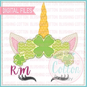 May include: A digital file featuring a unicorn design with a yellow horn, pink ears, and a green shamrock crown. The text "DIGITAL FILES" is displayed at the top. The design includes the text "RM" and "Cotton by Emily".