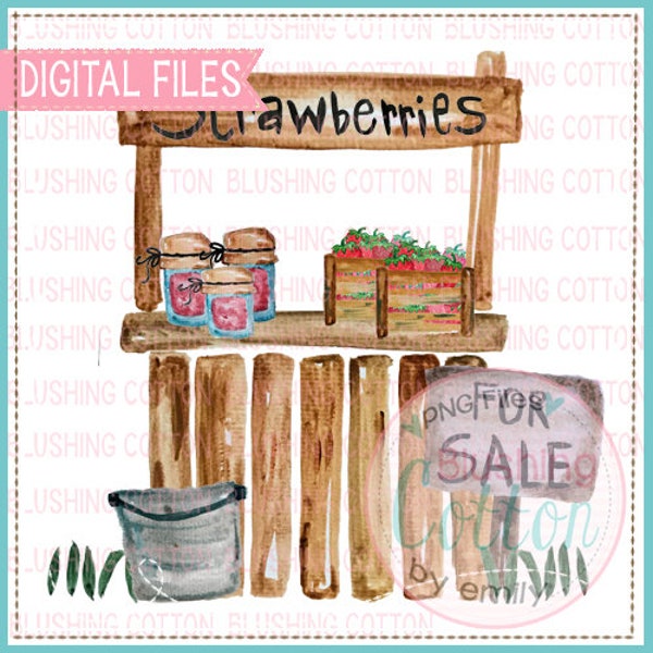 Strawberries for SALE Stand with Bucket Farmer's Market PNG Watercolor Artwork Digital File - for printing and other crafts