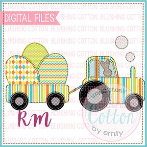May include: A colorful digital design featuring an Easter tractor pulling a trailer filled with decorated eggs. The tractor and trailer have striped patterns in various colors. The design includes the text "DIGITAL FILES" and "Blushing Cotton by emily".