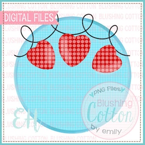 Puede incluir: Archivo digital con tres corazones rojos con lunares blancos, colgados de una línea negra, sobre un fondo azul claro. Las palabras "DIGITAL FILES" están en una pancarta rosa. Un logotipo de "Blushing Cotton by emily" está en la parte inferior derecha.