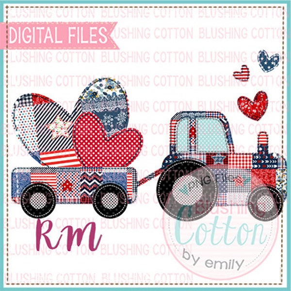 Patchwork Tractor with Hearts Design PNG Watercolor Artwork Digital File - for printing