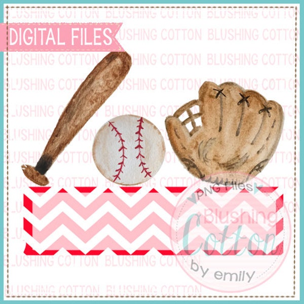 Baseball Trio Chevron Rectangle PNG Watercolor Artwork Digital File - for printing and other crafts