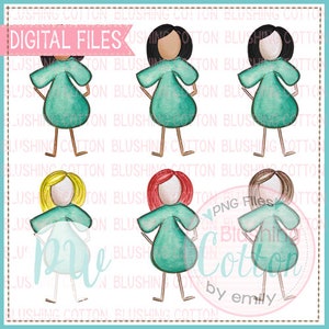 Pode incluir: Ilustração em aquarela de seis figuras estilizadas com diferentes cores de cabelo e vestidos verde-azuis. A imagem é rotulada como "Arquivos Digitais" e faz parte de uma coleção "Blushing Cotton by Emily".