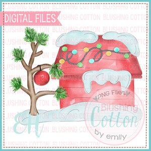May include: Watercolor illustration of a red dog house with snow, a Christmas tree, and string lights. The words "DIGITAL FILES" are at the top. The image has a winter holiday theme and is labeled "Blushing Cotton by emily."