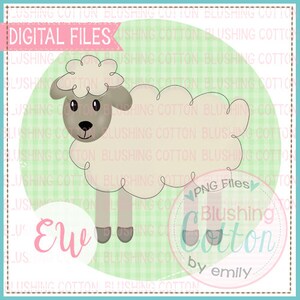 May include: A digital illustration of a white sheep with a brown face and hooves. The sheep is standing on a green and white checkered background. The text "Ew" is written in pink below the sheep. The text "Blushing Cotton by emily" is written in pink at the bottom right of the image.