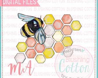 Bee with Honeycombs -Watercolor Design PNG Artwork Digital File - for printing