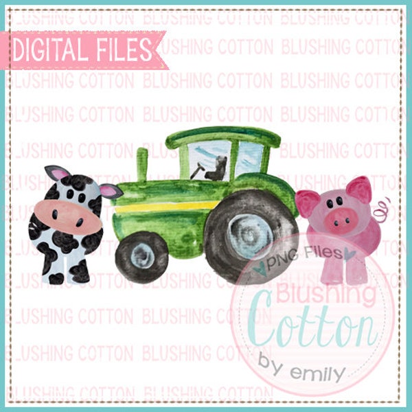 Cow Green Tractor Pig Trio PNG Watercolor Artwork Digital File - for printing and other crafts