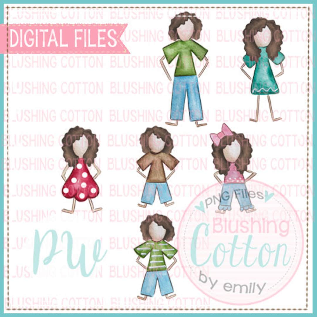 Stick Figure With Long Brown Curly Hair Bundle Watercolor PNG Artwork