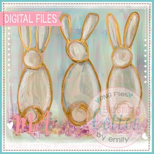 May include: Three white bunnies with gold outlines stand on a pink and blue background. The bunnies are painted in a whimsical style with a textured look. The text "Digital Files" is in the upper left corner of the image.