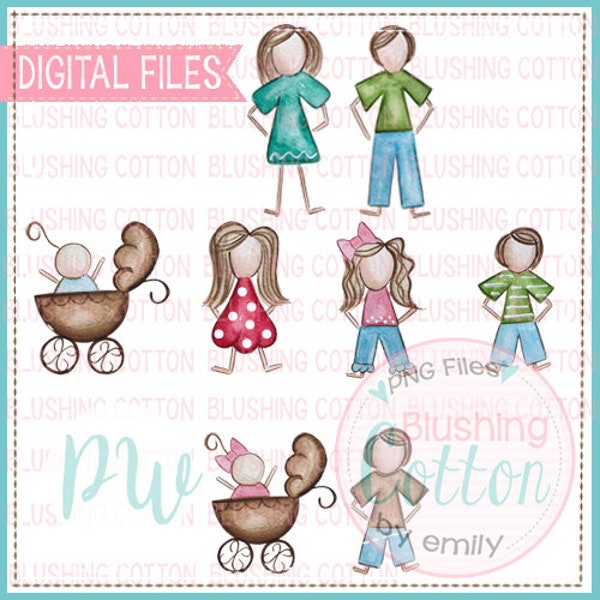 Stick Figure Family Watercolor PNG Artwork Digital File - for printing and other crafts