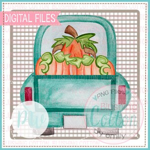 Puede incluir: Ilustración en acuarela de una camioneta aguamarina que transporta una gran calabaza naranja con hojas verdes. Las palabras "DIGITAL FILES" están en una pancarta rosa. La imagen tiene un fondo a cuadros.