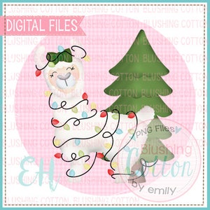 May include: A digital file featuring a whimsical illustration of a white llama adorned with colorful Christmas lights, standing next to a green Christmas tree. The image has a pink background with the text "DIGITAL FILES".