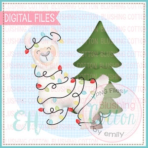May include: A digital illustration of a white llama decorated with colorful Christmas lights and a green Christmas tree. The image has the text "DIGITAL FILES" and "Blushing Cotton by emily".