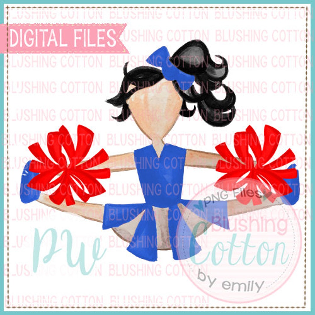 Cheerleader Black Hair Red and Blue Pom Poms Watercolor PNG Artwork ...