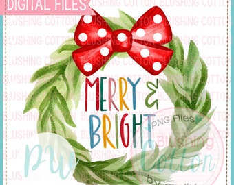 Merry and Bright Wreath with Polka Dot Bow Design Watercolor PNG Artwork Digital File - for printing and other crafts