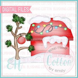May include: A digital illustration featuring a red house with snow and colorful lights, a small Christmas tree with a red ornament, and the text "DIGITAL FILES". The image has a festive, holiday theme.
