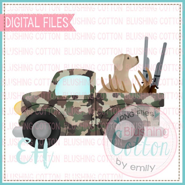 Camo Deer Hunting Truck with Yellow Lab Design PNG Artwork Digital File - for printing and other crafts
